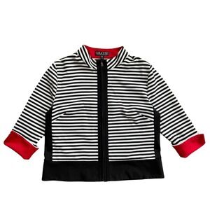 Grayse Kelly Marie Gray Striped Full Zip Jacket Black White Red Mock Neck Small
